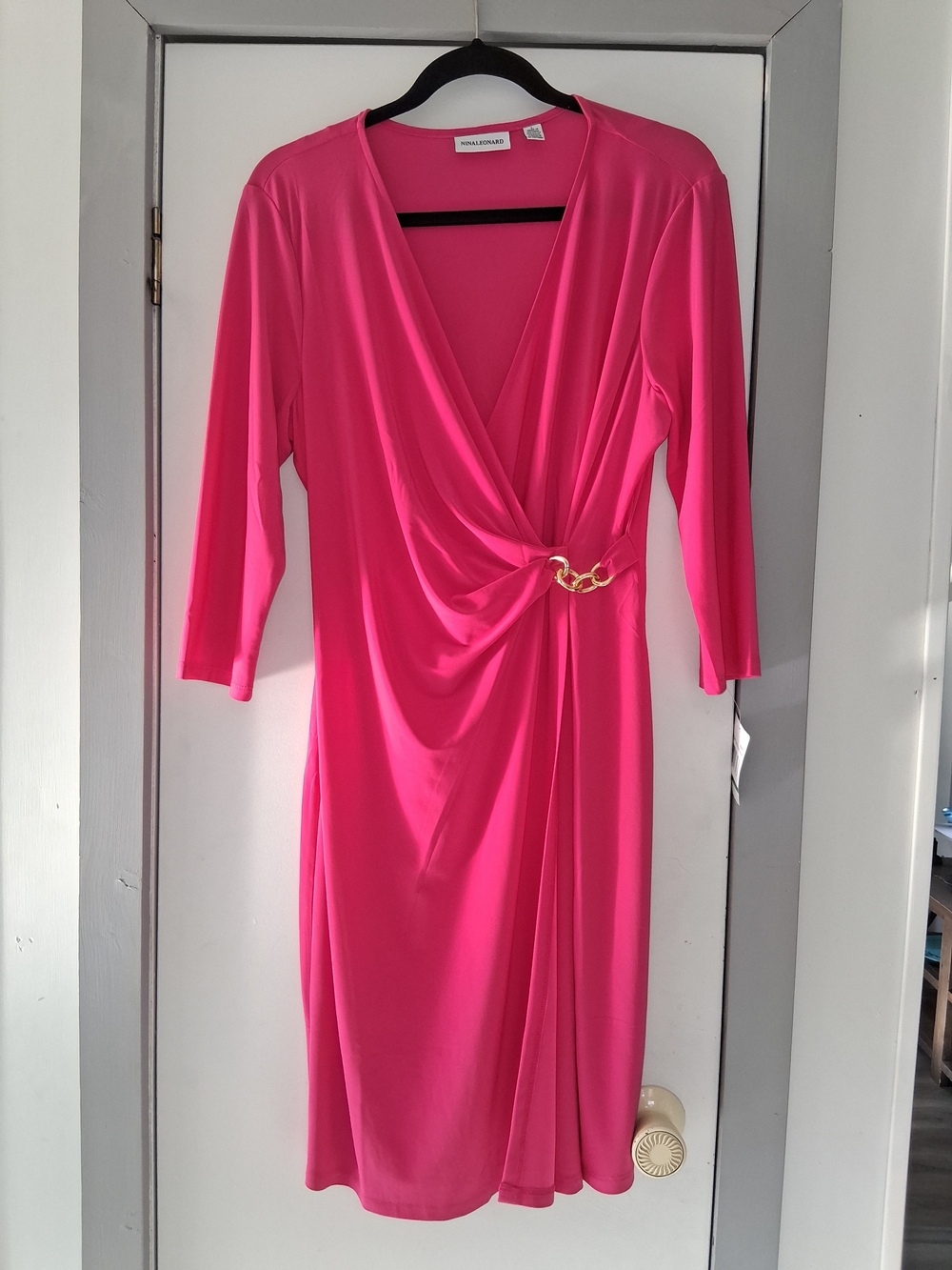 Vince Camuto Hot Pink Draped Wrap Midi Dress with Gold Link